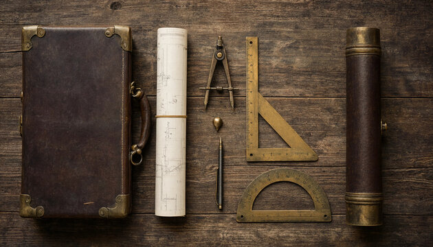 Antique drafting tools and case arranged on a weathered wooden surface during daylight