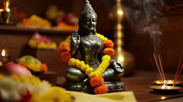 Ornate Brass Idol of Lord Vishnu Adorned with Yellow Jasmine Garlands and Wisps of Incense Smoke for Aja Ekadashi Festival Celebration