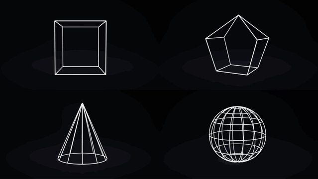 Four geometric wireframe shapes illustration with black background