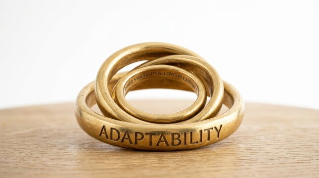 Golden interlocking rings symbolizing adaptability on wooden surface