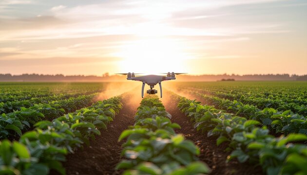 An agricultural drone flying over straight rows of green crops during a golden sunrise, spraying fertilizer or monitoring the field using advanced smart farming technology.