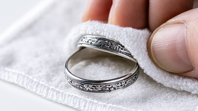 Silver ring microfiber cloth hand polishing jewelry macro closeup antique oxidized shine metal texture white cleaning craft detail ornate engraved vintage silverware delicate finger human hand