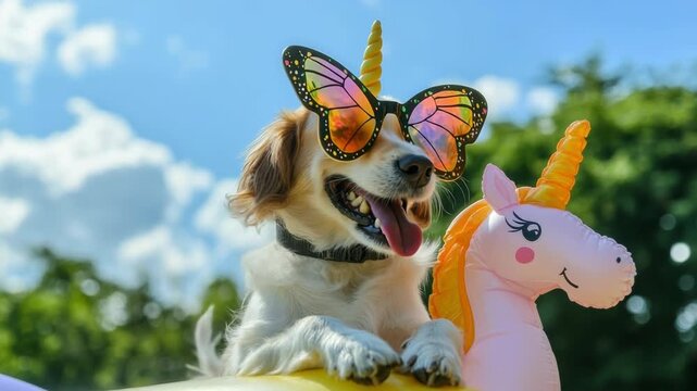 Happy dog wearing butterfly unicorn glasses beside inflatable unicorn toy outdoors, funny pet moment, playful summer party, joyful humor scene.