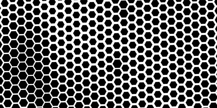 Repeated hexagons with gradient fading effect. Black vanishing honeycomb shapes on white background. Simple geometric print with hexagonal dots. Perforated structure. Vector graphic illustration.