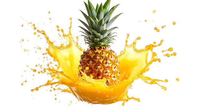 Fresh Pineapple Splashing into Juicy Yellow Liquid.