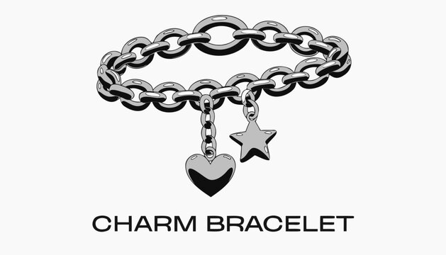 Very beautiful realistic vector illustration of a charm bracelet featuring polished silver links, elegant heart and star charms, luxurious shine, and a bold label reading "CHARM BRACELET", isolated on