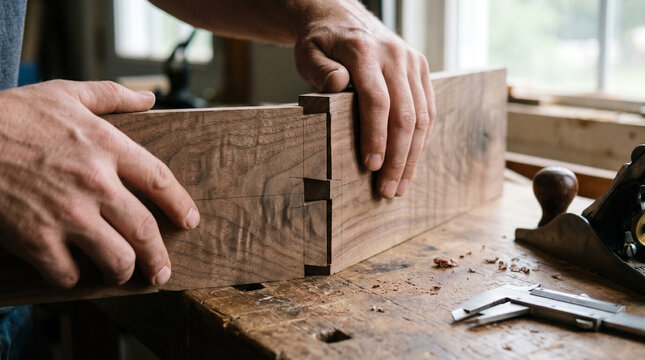 Carpenter Inspecting Dovetail Joints on Wood with Calipers