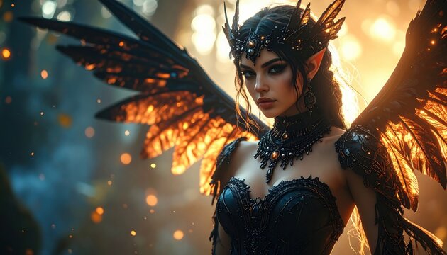 A fantasy dark fairy with glowing wings and elaborate black armor in an enchanted forest bathed in golden light
