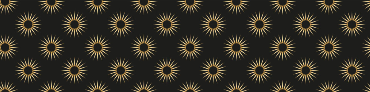 Seamless geometric sunburst pattern with bold gold ray motifs on a dark background, ideal for luxury packaging, textiles, wallpaper and branding