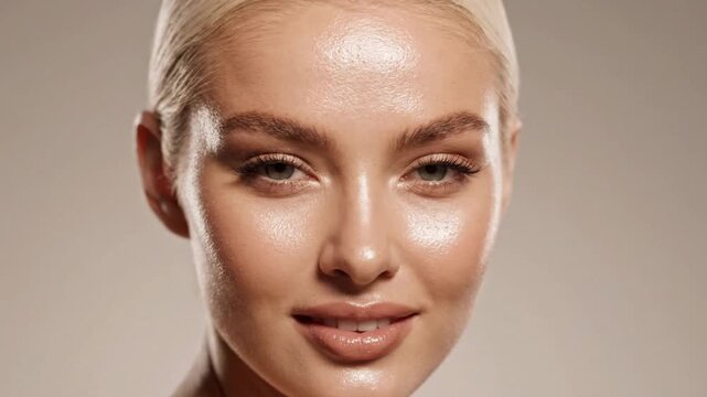 Elegant woman with dewy skin and natural makeup posing for a close-up in a warm studio.
