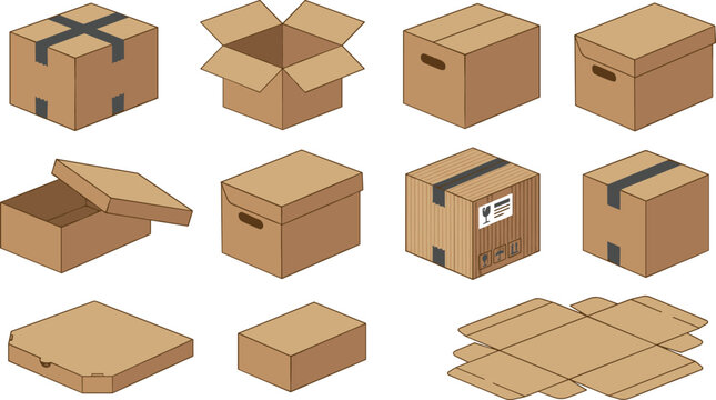 Cardboard brown boxes packaging shipping and delivery isometric flat vector illustration set