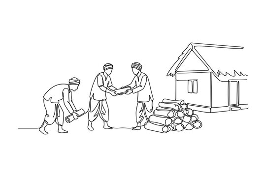 Three men working together to stack firewood near a rural house.