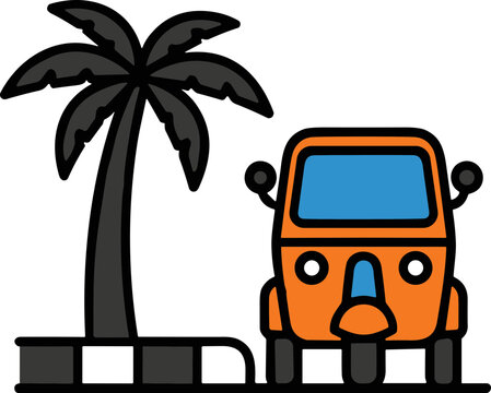 Orange Tuk Tuk Auto Rickshaw Beside Palm Tree on Tropical Road