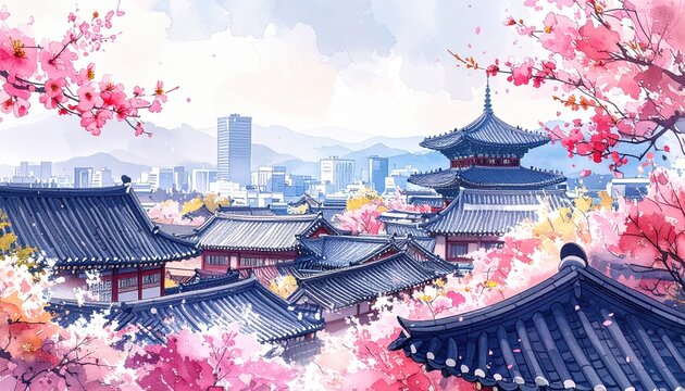Spring cherry blossom around traditional roof temple district in seoul south korea blending asian heritage hanami tourism and modern city skyline at sunrise