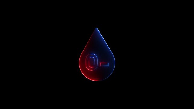 Neon type o negative glowing on black background, medical laboratory symbol animation