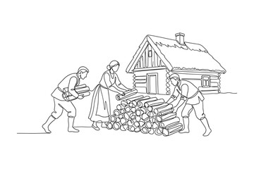 Fototapeta premium Three people stacking firewood near a rustic wooden cabin.