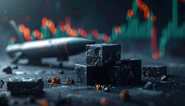 Black metal cubes and missile on dark surface reflect geopolitical tension, resource scarcity and technological race, showing connection between industry, defense and global market fluctuation
