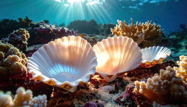 Underwater shot of radiant scallop shells amongst colorful coral reefs, sunlit sea