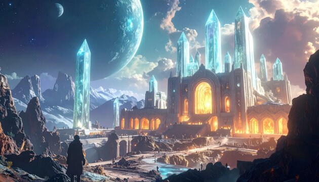 A lone figure gazes upon a luminous crystal castle under a vibrant celestial scene