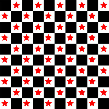 Cute Seamless Red Star Checkerboard Pattern on Black and White Background