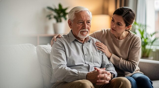 A caring adult daughter comforting her sad elderly father on a living room couch, placing a supportive hand on his shoulder during a serious and emotional family moment at home.