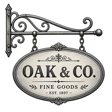 Vintage metal business sign with ornate bracket and text display