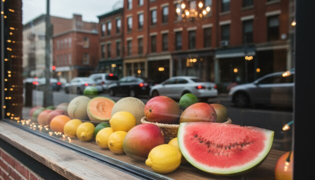 Colorful fruit display in a city shop window symbolizing urban abundance and healthy lifestyle during a calm afternoon in possible US street setting