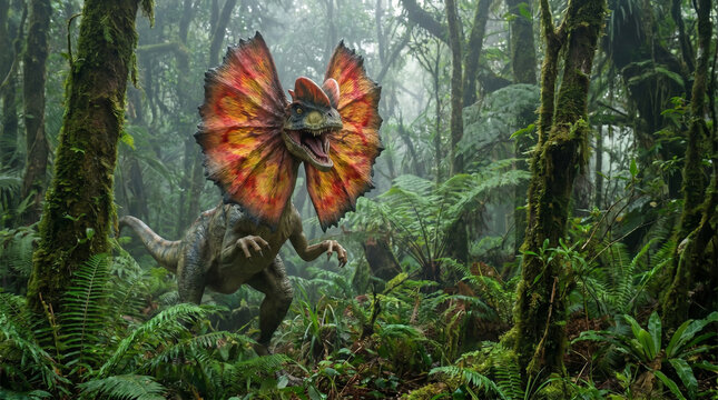Dilophosaurus Dinosaur with Frill Displaying Aggression in Lush Jungle
