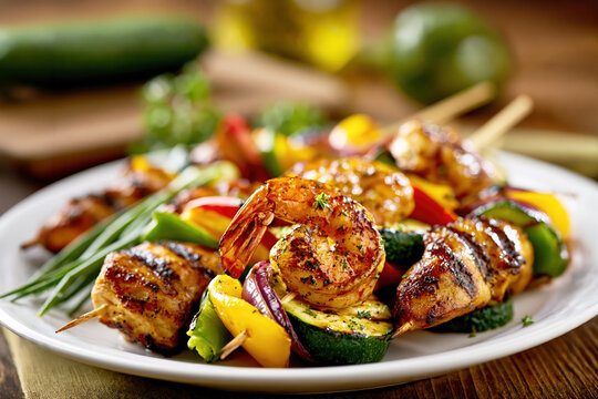 Grilled Shrimp and Chicken Skewers with Vegetables &ndash; AI Generative