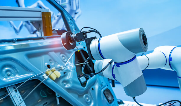 Vision measuring instrument inspecting scanner on robotic arm on background of car manufacturing factory. Automated robot arm assembly line manufacturing. Development and production of automotive tech