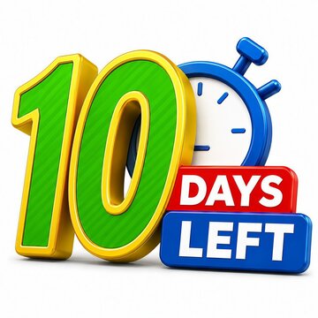 Bright 3d countdown timer showing 10 days left with stopwatch icon