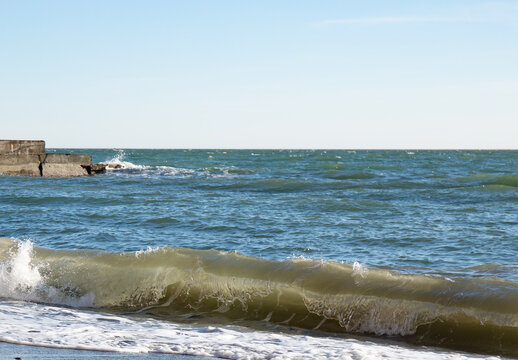Big waves on the Black Sea coast in winter day
