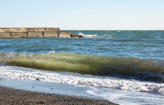 Big waves on the Black Sea coast in winter day