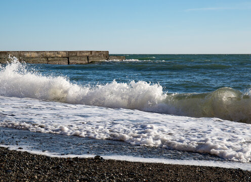 Big waves on the Black Sea coast in winter day