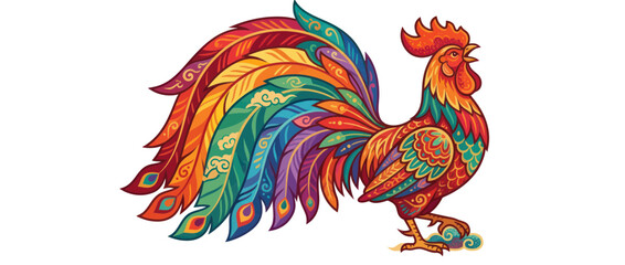Vibrant Rooster with Colorful Feathers, Ornamental Design, Isolated © daun