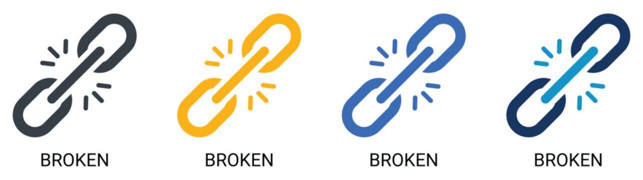 Business link broken and connection failure solid icon set, disconnected metal chain link with snap sparks, corporate relationship split and risk vector.
