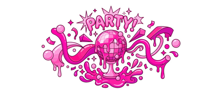 Pink Disco Ball Party Celebration Graphic with Drips and Stars