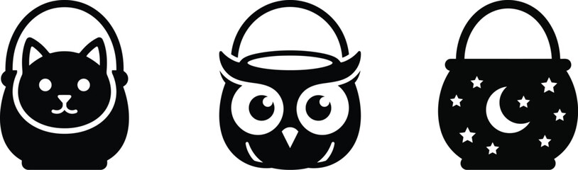 Spooky Halloween buckets with cat owl and moon designs. © Abdus