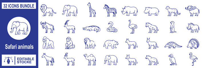 Safari animals icon set, African wildlife vector line art bundle, wild animal outline collection © Shekhar