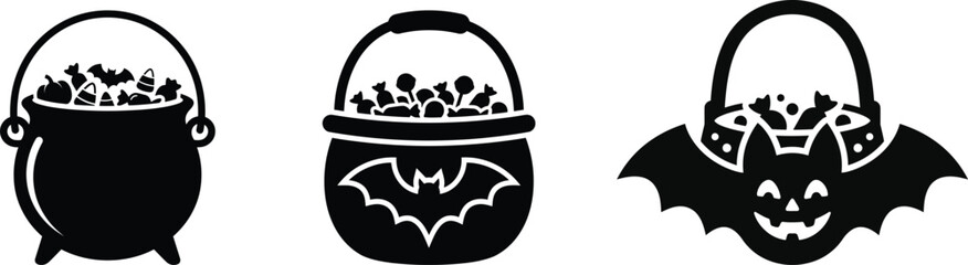 Halloween candy cauldrons and buckets with bat details. © Abdus