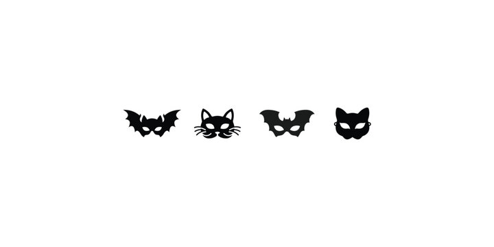 Halloween party masks collection with cat and bat shapes.