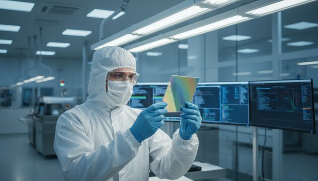Specialist in a white protective suit examines a reflective square panel inside a modern semiconductor fabrication facility laboratory