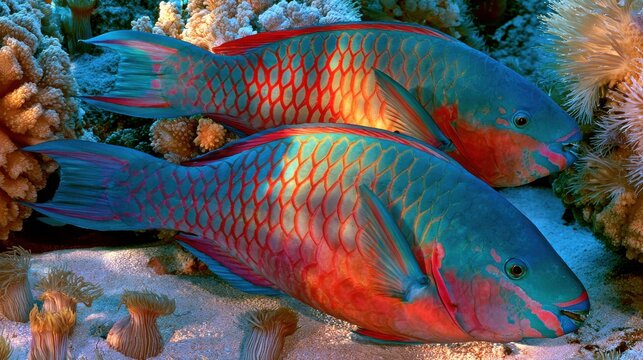 Two brightly colored parrotfish swimming near coral reef