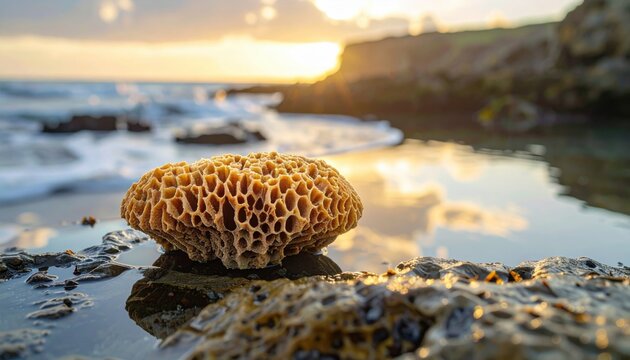 Intricate sea sponge rests on wet coastal rocks at sunset with golden light reflecting in tide pools and ocean waves