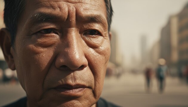 Close up face portrait of thoughtful senior man looking forward with blurred city street and pedestrians in background