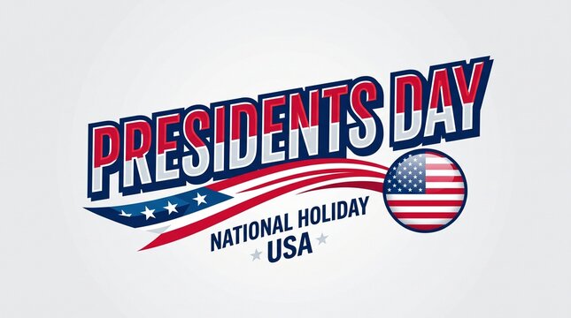 Presidents Day National Holiday USA Celebration Typography Design Featuring Bold Patriotic Lettering, American Flag Colors, Decorative Stars, Circular Flag Badge, Modern Festive Style, Commemorating U