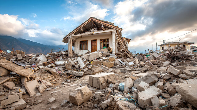 An old architectural building in ruins surrounded by piles of rubble. Concept of passing time, historical decay, and forgotten heritage.