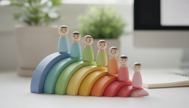 Small wooden peg dolls with sad facial expressions standing on top of colorful rainbow stacking toy on white desk