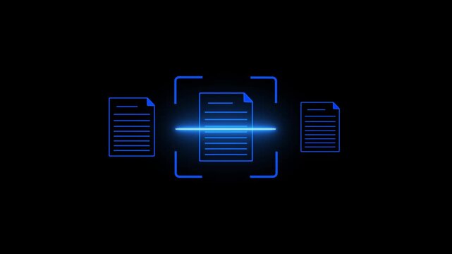 "Neon blue glowing interface animation of digital documents scanning process with laser line reader over central text file on black background for office data management stock video"