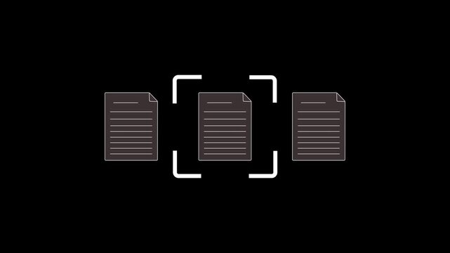 "Minimalist flat line design animation of white document sheets with bright cyan laser scanner line reader processing data isolated on black background stock video"